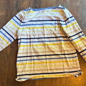Talbots White, Navy & Yellow Striped Cotton Top